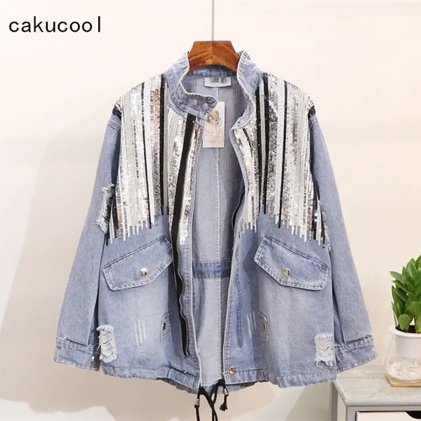 Женская джинсовая куртка Cakucool, блестящая куртка-бомбер в стиле бохо, с длинным рукавом, с блестками, большие размеры