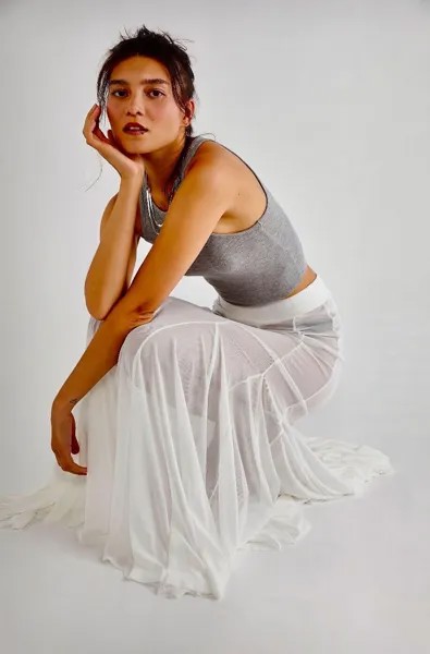 Сетчатая длинная юбка-комбинация Free People Godet Girl, расклешенная эластичная прозрачная белая XS, НОВИНКА