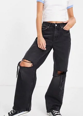 Черные джинсы с широкими штанинами и рваной отделкой New Look Petite-Черный цвет