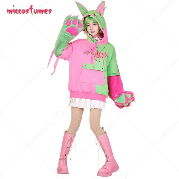 Женский пуловер в стиле Харадзюку, толстовка со съемной сумкой, меховая лапа, дизайнерские перчатки, зеленая, розовая толстовка с капюшоном