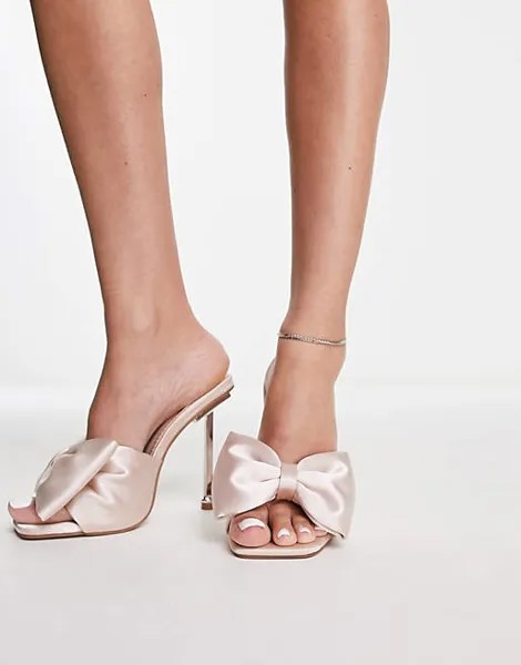 Гламурные босоножки на каблуке с бантиком нежно-розового цвета