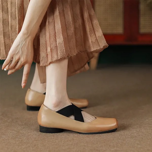 Весенние простые элегантные туфли Heihaian 2023, женские балетки абрикосового цвета с квадратным носком на плоской подошве