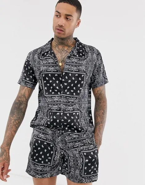 Атласная рубашка с отложным воротником и принтом пейсли Urban Threads-Черный