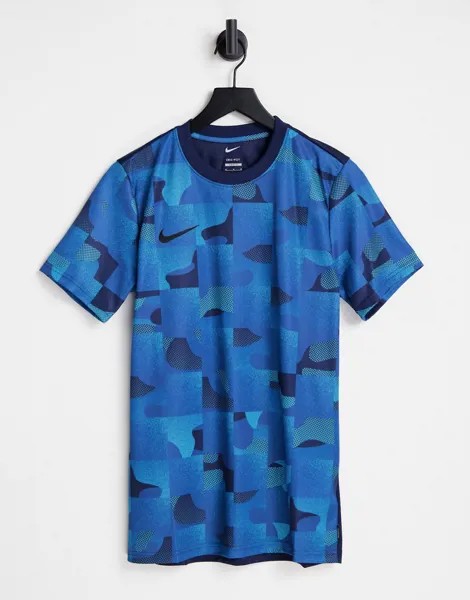 Футболка синего цвета со сплошным принтом Nike Football F.C. Libero-Голубой