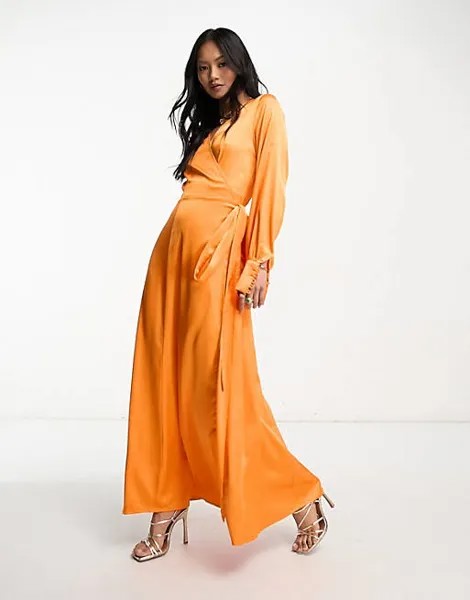 Ярко-оранжевое атласное платье миди с запахом Never Fully Dressed