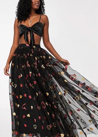 Эксклюзивная эффектная юбка макси черного цвета с красными сердечками Lace & Beads-Черный
