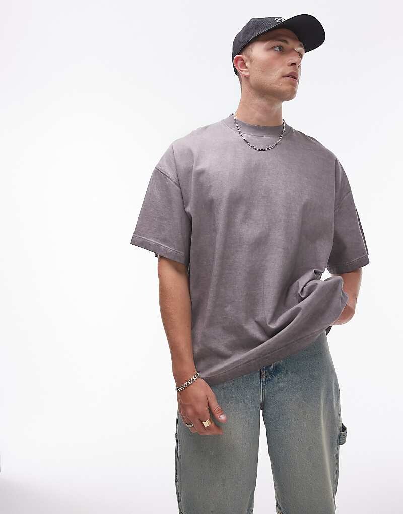 Topman – серая стираная футболка свободного кроя со спущенными плечами
