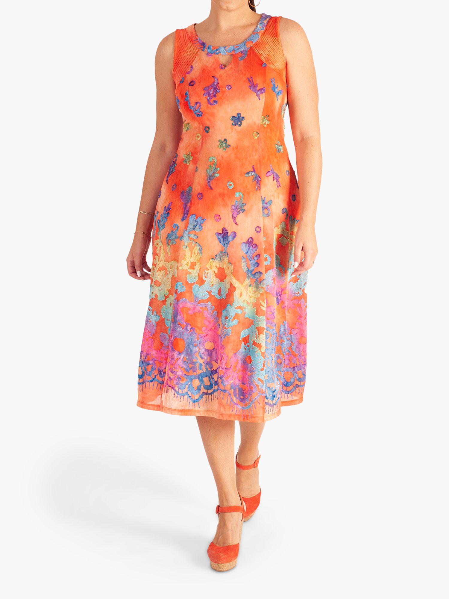 Chesca Платье-миди без рукавов с цветочным принтом и вырезами, Оранжевый/Мульти