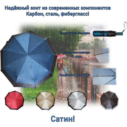 Смарт-зонт Sponsa, автомат, 3 сложения, купол 96 см., 10 спиц, система «антиветер», чехол в комплекте, для женщин, синий, черный
