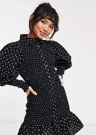 Черное присборенное платье-рубашка мини в горошек ASOS DESIGN Petite-Многоцветный