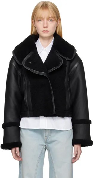 Черная кожаная куртка с раздвинутым воротником Victoria Beckham