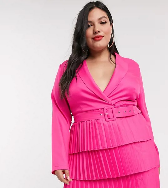 Розовое платье-пиджак с глубоким вырезом и плиссированной юбкой In The Style Plus x Dani Dyer-Розовый