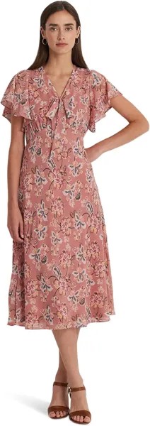 Платье LAUREN Ralph Lauren Floral Crinkle Georgette Tie-Neck Dress, цвет Pink Multi