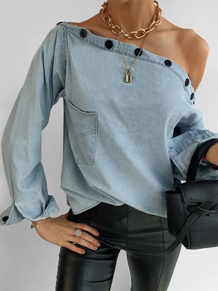 Milanoo Blouse For Women Baby Blue Denim Bateau Neck Asymmetrical Casual Buttons Pockets Long Sleeve