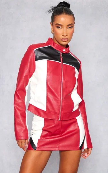 PrettyLittleThing Красная моторная куртка из искусственной кожи с контрастной вставкой