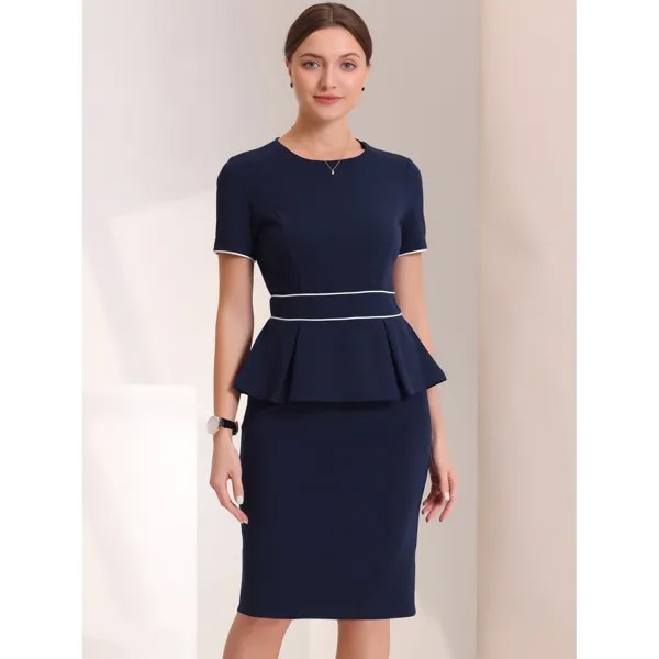 Женское облегающее платье-футляр с коротким рукавом и круглым вырезом с баской и контрастной отделкой для офиса ALLEGRA K, темно-синий