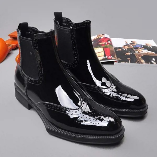 Ботинки Челси мужские из лакированной кожи, брендовые Брендовые ботильоны без застежек, модные формальные однотонные черные ковбойские ботинки с резным носком