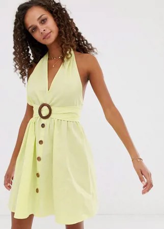 Льняной сарафан мини на пуговицах с пряжкой ASOS DESIGN-Желтый