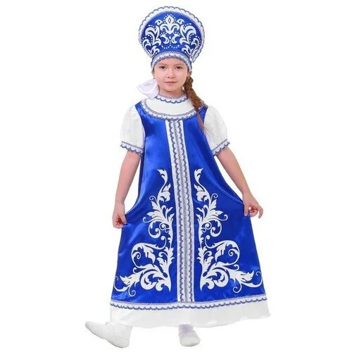 Русский костюм для девочки: платье с кокеткой, кокошник, р-р 68, рост 134-140 см, цвет синий