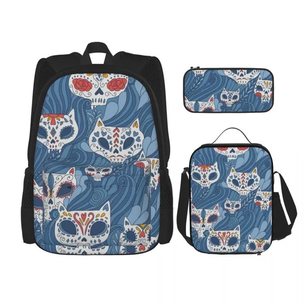 Школьный рюкзак для девочек 3 шт./компл., детские школьные ранцы, школьный пенал, чехол для ланчбокса, мексиканские Мультяшные калаверы с кот...