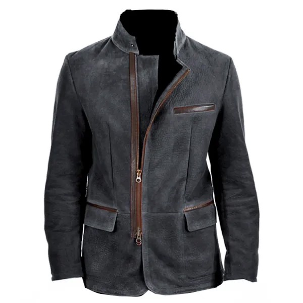 Мужской винтажный замшевый пиджак с воротником-стойкой и боковой молнией контрастная кожаная куртка на лямках средней длины пальто