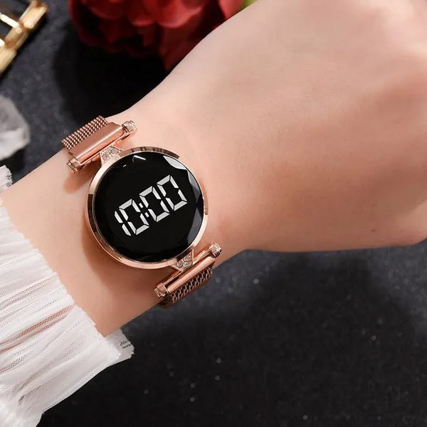 Сенсорный экран Светодиодные часы Магнитная нержавеющая сталь Женские электронные часы Цифровые наручные часы