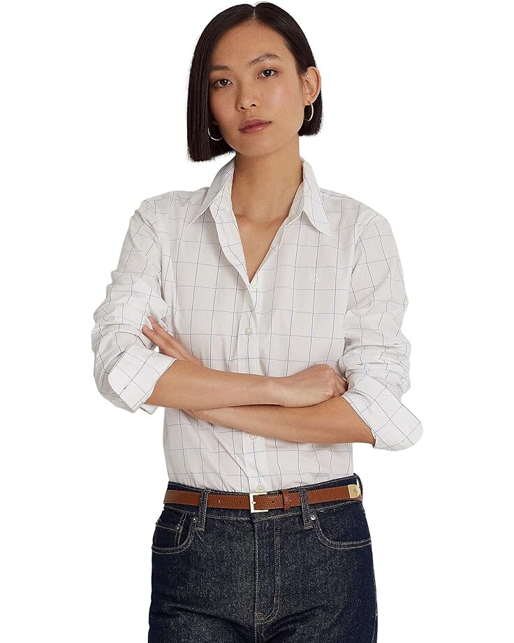 Рубашка LAUREN Ralph Lauren Petite Windowpane Cotton Broadcloth Shirt, белый