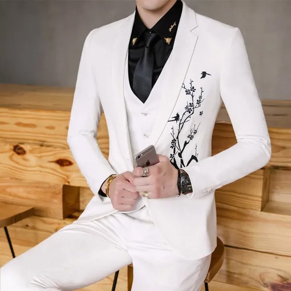 Костюм-тройка мужской Сливовый цветок, черный, белый, красный, Свадебный, вышитый, для выпускного вечера, Q765, осень 2019