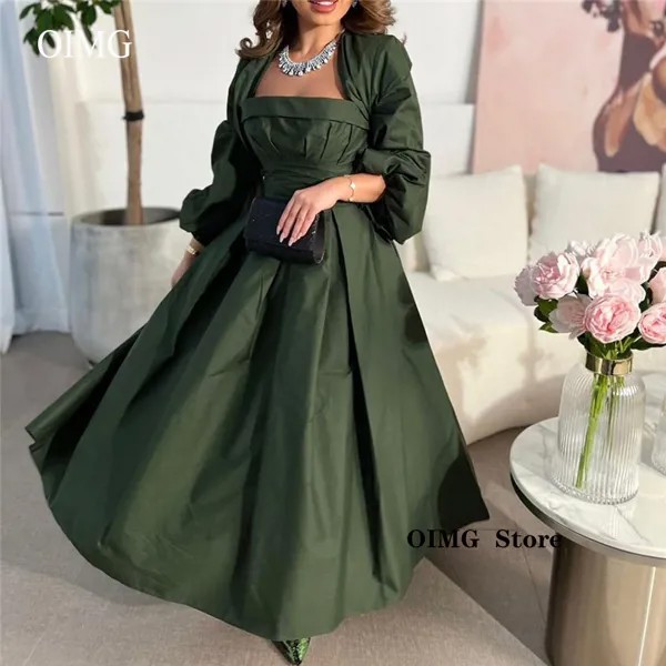 Темно-зеленые платья OIMG из тафты с глубоким вырезом, арабские женские Формальные Вечерние платья с длинным рукавом, куртка, платье для матери невесты, вечеринки, мероприятия, выпускного вечера