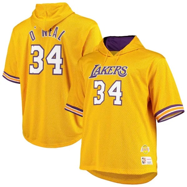 Мужская толстовка с короткими рукавами Mitchell & Ness Shaquille O'Neal золотого/фиолетового цвета Los Angeles Lakers Big & Tall Name & Number