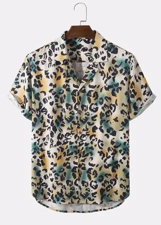 Мужской леопардовый воротник Revere с коротким рукавом и высоким низом Рубашка