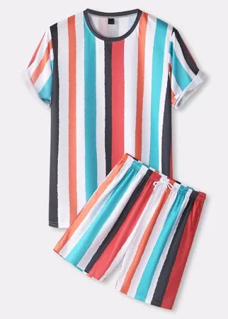 Мужские Colorful в вертикальную полоску с экипажем Шея Повседневные короткие костюмы из двух частей
