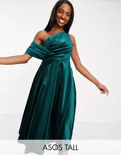 Зеленое бархатное платье миди для выпускного вечера с открытыми плечами ASOS DESIGN Tall
