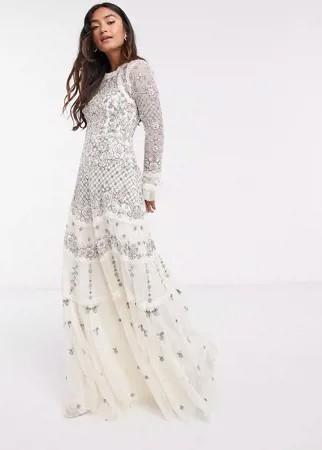 Платье макси цвета шампанского с вышивкой Needle & Thread-Белый
