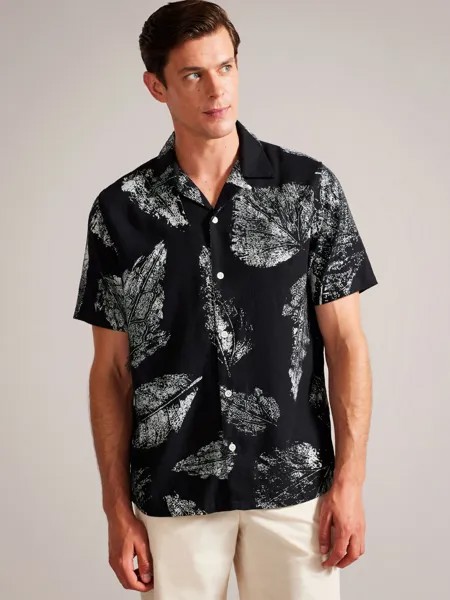 Свободная рубашка из смесового льна с принтом листьев Ted Baker Rialto, черный/белый