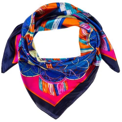 Шелковый платок на шею/Платок шелковый на голову/женский/Шейный шелковый платок/стильный/модный /21kdgPL903002-1vr синий, оранжевый/Vittorio Richi/80% шелк,20% полиэстер/90x90