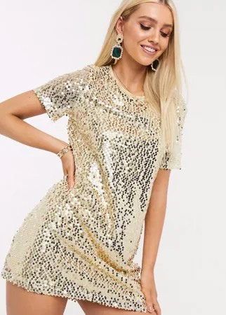 Золотистое платье-футболка с отделкой пайетками In The Style-Золотистый