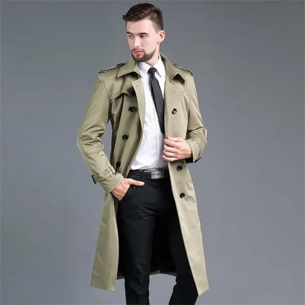 Двубортный мужской тренчкот пальто мужской плащ мужской длинное пальто осень весна мужская одежда приталенное пальто с длинным рукавом