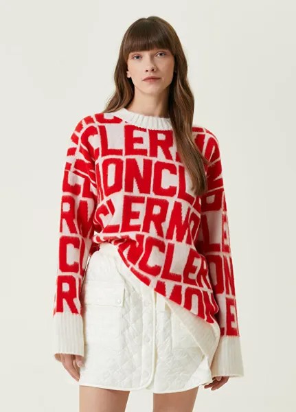 Красно-белый шерстяной жаккардовый свитер с логотипом Moncler