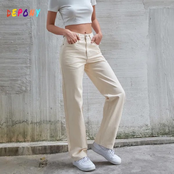 Женские эластичные джинсы Depony абрикосового цвета, широкие брюки с высокой талией, Повседневные Удобные модные прямые свободные джинсы