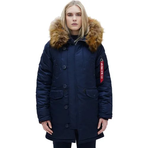 Парка  ALPHA INDUSTRIES зимняя, средней длины, силуэт прямой, капюшон, несъемный капюшон, регулировка ширины, манжеты, карманы, отделка мехом, ветрозащитная, внутренний карман, водонепроницаемая, съемный мех, подкладка, размер XS, синий