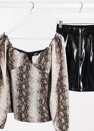 Блузка с длинными рукавами и змеиным принтом Missguided Petite-Коричневый цвет