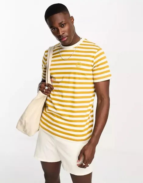 Желтая хлопковая футболка Selected Homme с полосками и логотипом