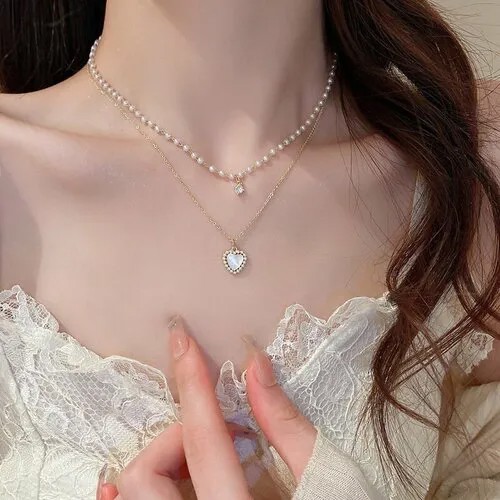 Двухслойная цепочка с кулоном в виде сердца/Колье жемчужное/Цвет золото