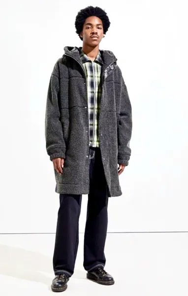 Urban Outfitters Длинное пальто из шерпы с капюшоном, черное, на молнии из искусственного меха, XL, NWT