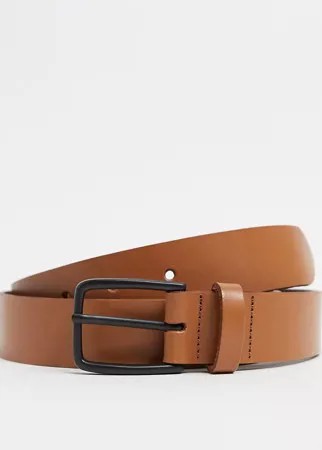 Светло-коричневый узкий кожаный ремень с черной матовой пряжкой ASOS DESIGN-Коричневый цвет