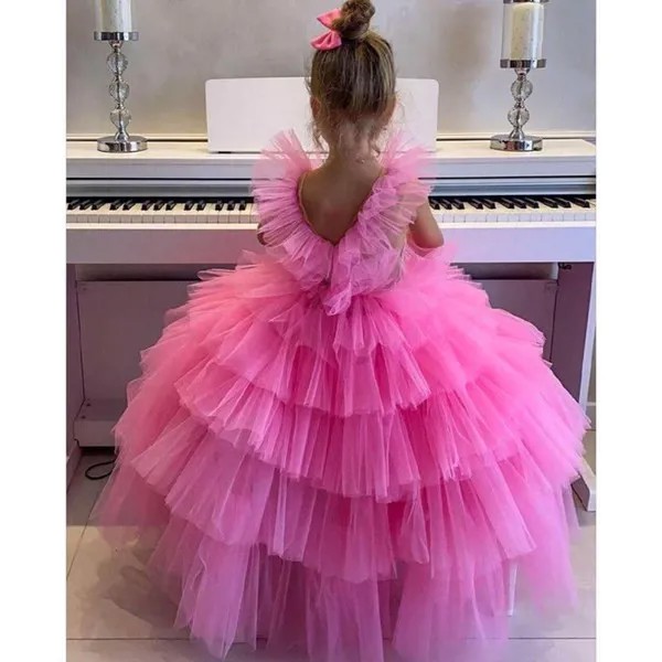 Милое розовое платье для девочек с цветами без рукавов, Многоярусное Тюлевое платье с подкладкой телесного цвета с большим бантом, платья для дня рождения