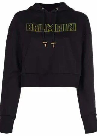 Balmain укороченное худи с тисненым логотипом