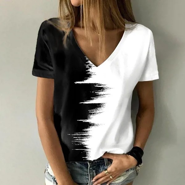 2023 Hot Oversize Abstract 3D Print T Shirt Women Summer Fashion Basic V Neck Loose Sweatshirt