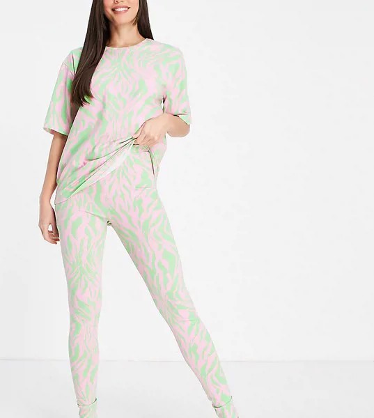 Пижамный oversized-комплект со звериным принтом из футболки и леггинсов зеленого и розового цветов ASOS DESIGN Tall-Разноцветный